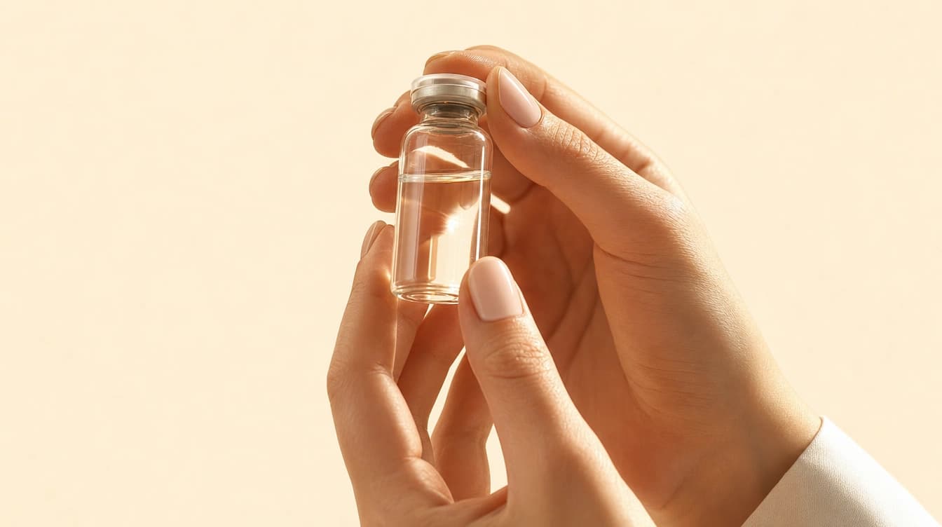 Hände halten ein in der Apotheke gefertigtes Infusions-Fläschchen
