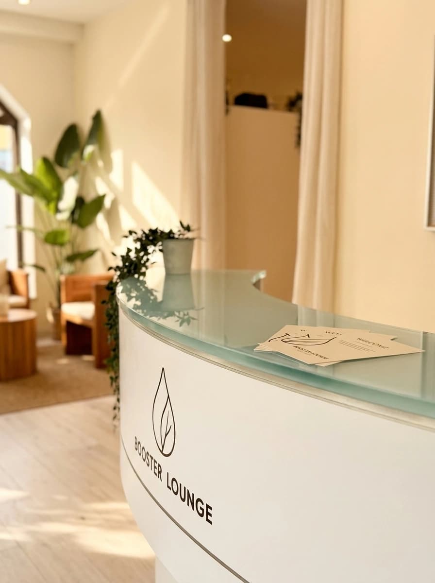 Empfang der BOOSTER LOUNGE mit Rezeptionstresen und Willkommenskarten