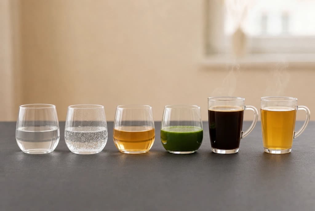 Auswahl an Getränken: Wasser, Tee, Kaffee und ein grüner Drink
