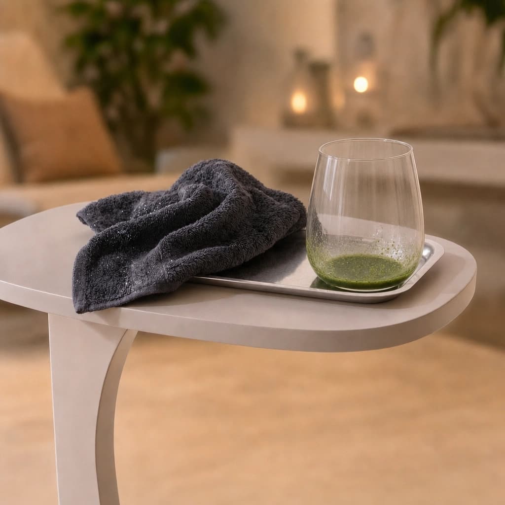 Ruhiger Lounge-Tisch mit Tuch und Drink zum entspannten Abschluss